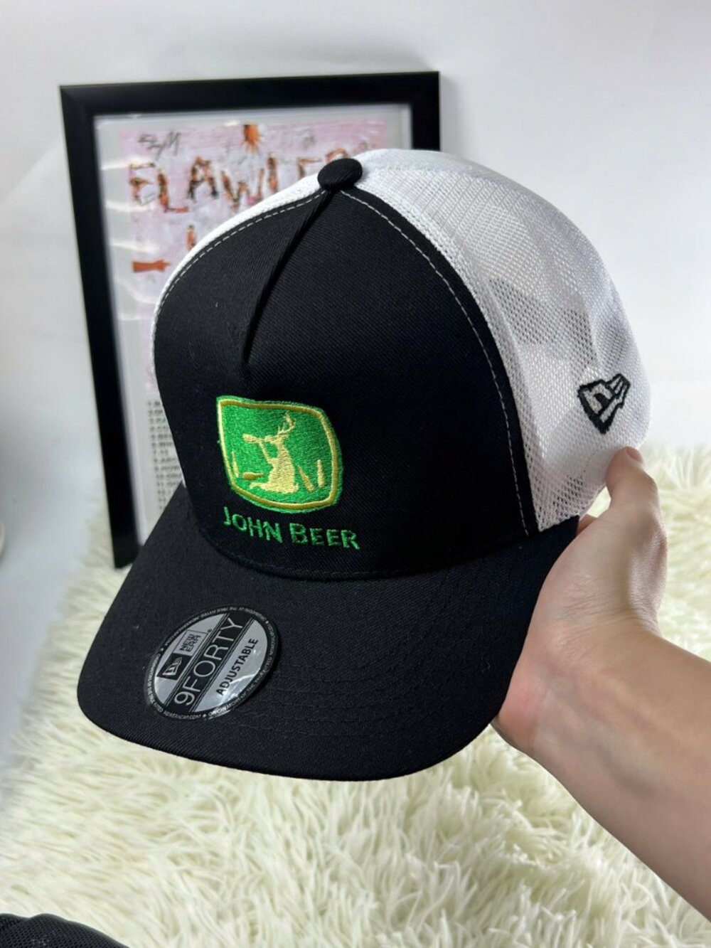 John Deere Logo Embroidered New Era 9FORTY Black White Trucker Hat